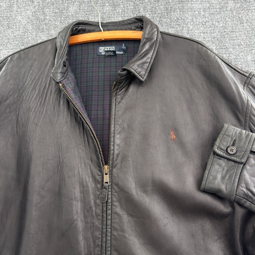 Vintage Polo Ralph Lauren Plaid Lined Black Leather Jacket Mens XL Full Zip
